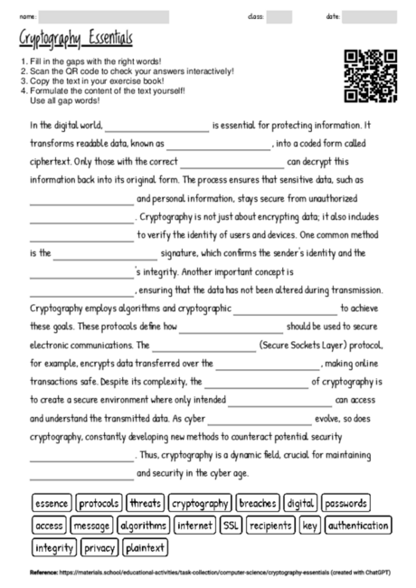 Worksheet With The Topic Cryptography Essentials Materials School